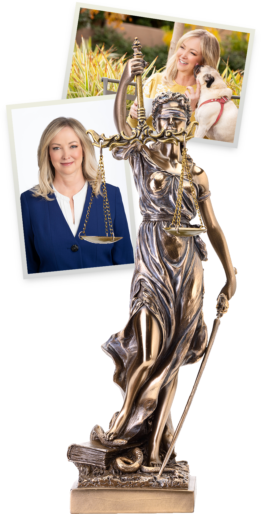 Statue of Themis, the goddess of Justice with photographs of Linda Bell